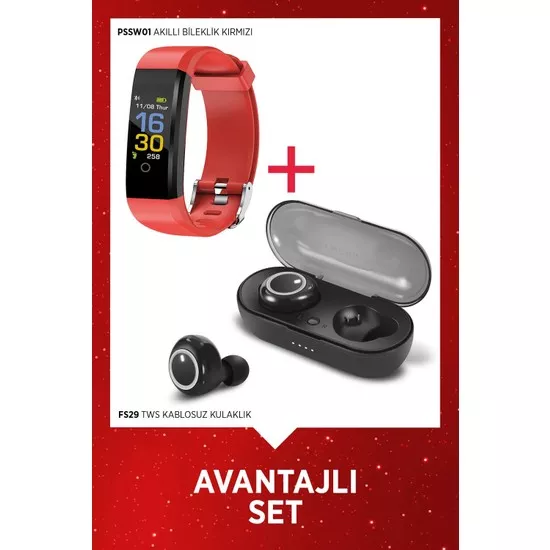 Polosmart PSSW01 Akıllı Bileklik Kırmızı + FS29 Kulakiçi Kablosuz Tws Kulaklık Siyah Özel Set