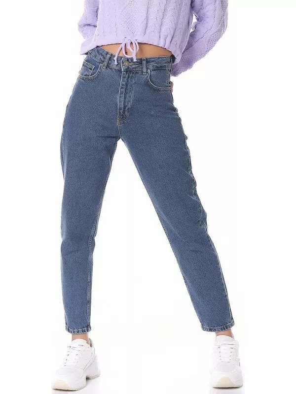 Its Basic Kadın Mavi Renk Kot Rengi Yüksek Bel %100 Koton Mom Fit Jean