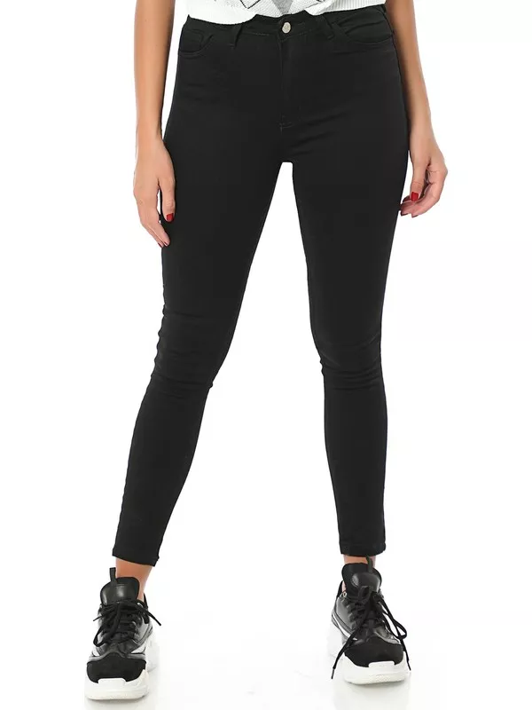 Zincir Moda Kadın Yüksek Bel Dar Paça Skinny Fit Jeans Bayan Slim Fit Denim Jean Kot Pantolon - Siyah